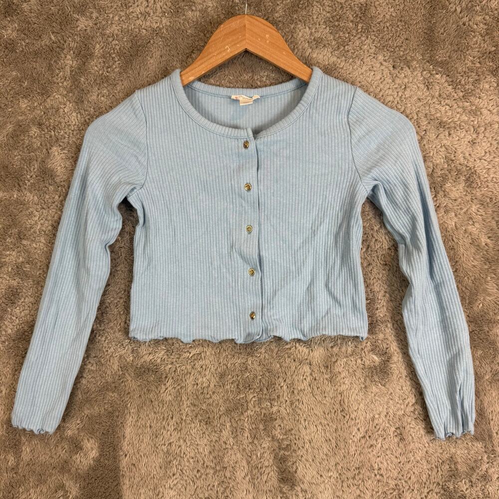 Crewcuts M Ribbed Blue Button Down Long Sleeve Crop Top Knit Cardigan T Shirt